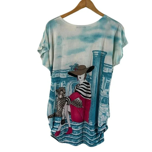 LP Rhinestone Studded Novelty Blouse XXL Woman Cheetah Building Ruched Stretch - Picture 2 of 15